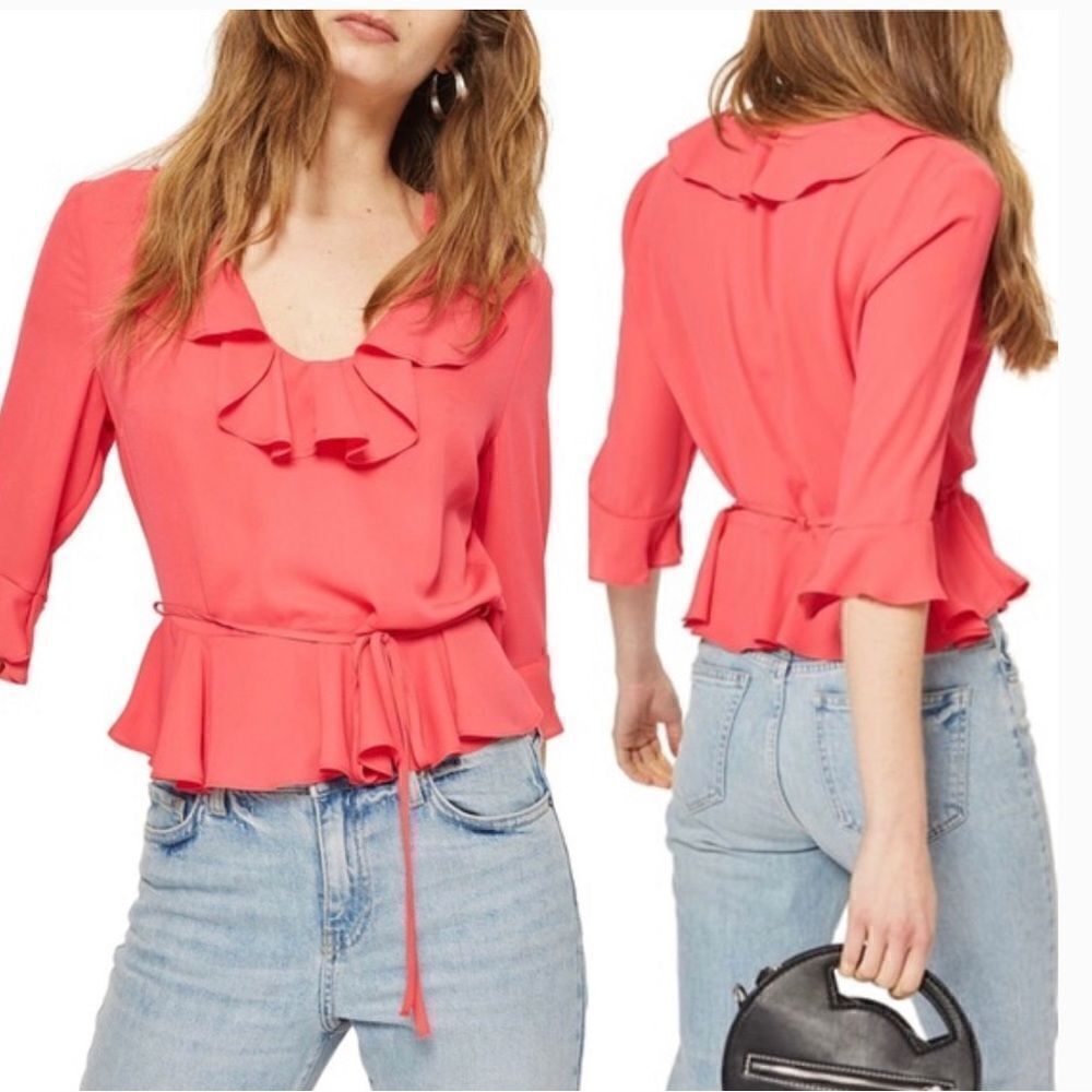 Topshop Phoebe Frilly Peplum V-Neckline Ruffle Trim Hot Pink Blouse Top Sz 6